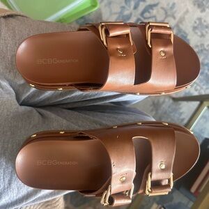 BCBGeneration Tan Sandals with Gold Accents